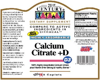 21st Century Highly Absorbable Calcium Citrate +D 20% Free - supplement