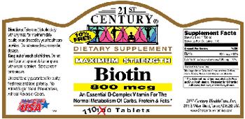 21st Century Maximum Strength Biotin 800 mcg - supplement