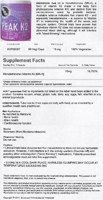 AOR Advanced Orthomolecular Research Peak K2 - supplement
