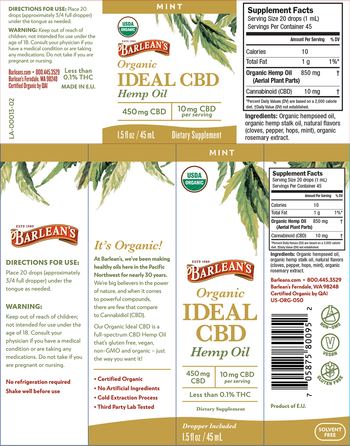 Barlean's Organic Ideal CBD 10 mg Mint - supplement