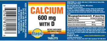 Basic Vitamins Calcium 600 mg with D - supplement