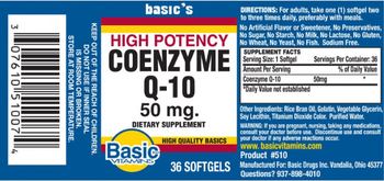 Basic Vitamins High Potency Coenzyme Q-10 50 mg - supplement