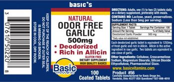 Basic Vitamins Natural Odor Free Garlic 500 mg - supplement