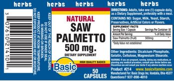 Basic Vitamins Natural Saw Palmetto 500 mg - supplement