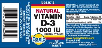 Basic Vitamins Natural Vitamin D-3 1000 IU - supplement