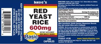 Basic Vitamins Red Yeast Rice 600 mg - supplement