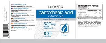 BIOVEA Pantothenic Acid (Vitamin B5) 500 mg - supplement