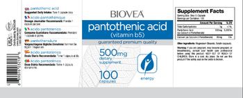 BIOVEA Pantothenic Acid (Vitamin B5) 500 mg - supplement