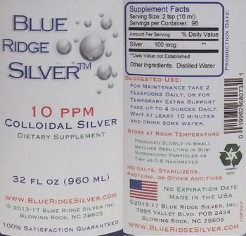 Blue Ridge Silver Colloidal Silver 10 PPM - supplement