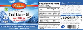 Carlson Cod Liver Oil Gems Super 1,000 mg with 10 mcg (400 IU) D3 - supplement