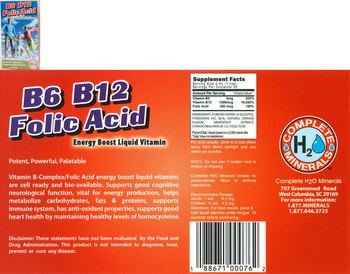 Complete H2O Minerals B6 B12 Folic Acid Energy Boost Liquid Vitamin - 