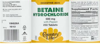 Country Life Betaine Hydrochloride 600 mg With Pepsin - 