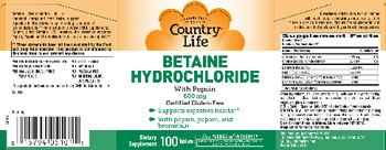 Country Life Betaine Hydrochloride With Pepsin 600 mg - supplement