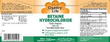 Country Life Betaine Hydrochloride With Pepsin 600 mg - supplement
