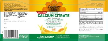 Country Life Chewable Calcium Citrate 1,000 mg with Vitamin D3 10 mcg (400 I.U) Orange Flavor - supplement