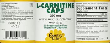 Country Life L-Carnitine Caps 250 mg - amino acid supplement with b6