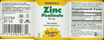 Country Life Zinc Picolinate 25 mg - mineral supplement