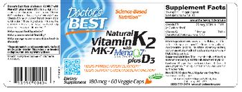 Doctor's Best Natural Vitamin K2 MK-7 with MenaQ7 plus D3 180 mcg - supplement