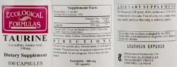 Ecological Formulas Taurine Crystalline Amino Acid 500 mg - supplement