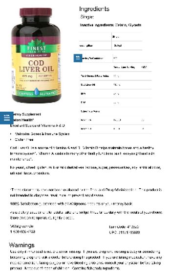 Finest Nutrition Cod Liver Oil 415 mg - supplement