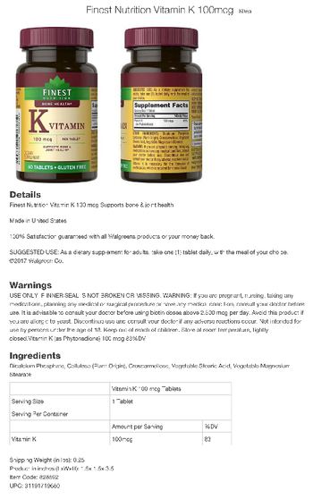Finest Nutrition Vitamin K 100 mcg - supplement