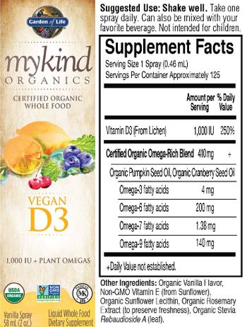 Garden Of Life MyKind Organics Vegan D3 1,000 IU + Plant Omegas Vanilla Spray - liquid whole food supplement