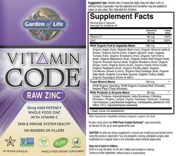 Garden Of Life Vitamin Code Vitamin Code Raw Zinc 30 mg - whole food supplement