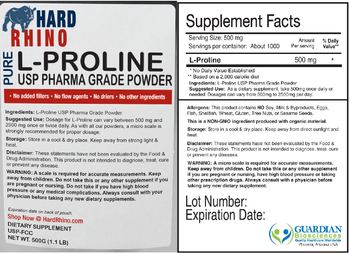 Hard Rhino Pure L-Proline USP Pharma Grade Powder - supplement