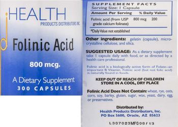 HEALTH PRODUCTS DISTRIBUTORS INC. Folinic Acid 800 mcg. - supplement