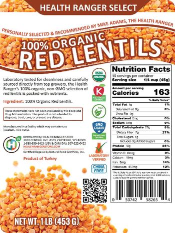 Health Ranger Select 100% Organic Red Lentils - supplement