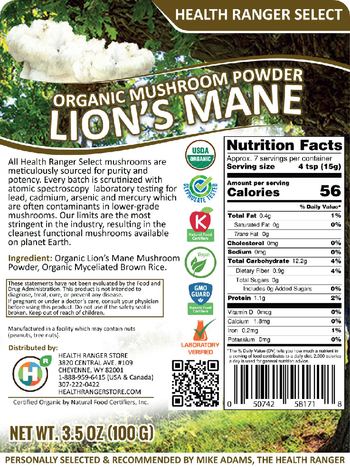 Health Ranger Select Organic Mushroom Powder Lion's Mane - supplement