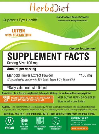 Herbadiet Lutein with Zeaxanthin - supplement