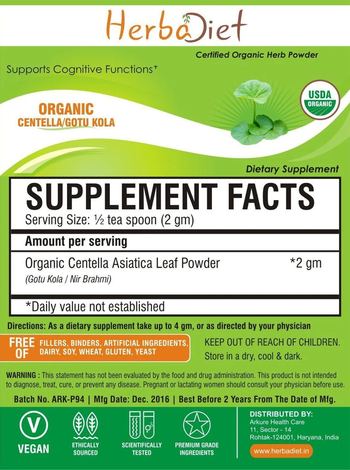 Herbadiet Organic Centella/Gotu Kola - supplement