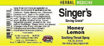 Herbs Etc. Singer's Saving Grace Honey Lemon Soothing Throat Spray - fastacting supplement