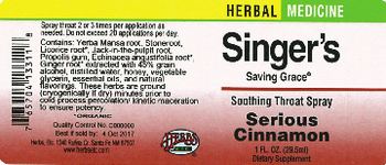 Herbs Etc. Singer's Saving Grace Soothing Throat Spray Serious Cinnamon - supplement