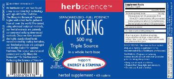 Herbscience Standardized-Full Potency Ginseng 500 mg - herbal supplement