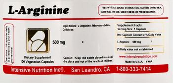Intensive Nutrition Inc L-Arginine 500 mg - supplement