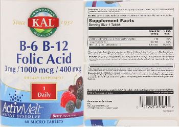 KAL B-6 B-12 Folic Acid 3 mg / 1000 mcg / 400 mcg Berry Natural Flavor - supplement