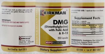 Kirkman DMG (Dimethylglycine) With Folic Acid & B-12 - supplement