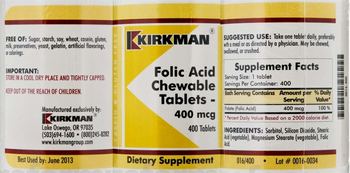 Kirkman Folic Acid Chewable Tablets - 400 mcg - supplement