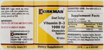 Kirkman Vitamin D-3 1000 IU Chewable Tablets - supplement