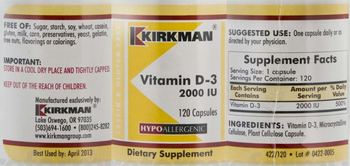 Kirkman Vitamin D-3 2000 IU - supplement
