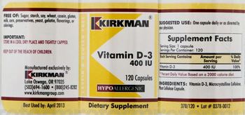 Kirkman Vitamin D-3 400 IU - supplement