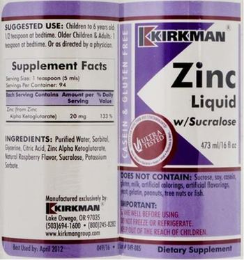 Kirkman Zinc Liquid W/Sucralose - supplement