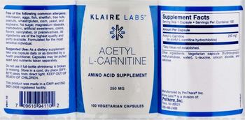 Klaire Labs Acetyl L-Carnitine 250 mg - amino acid supplement