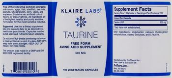 Klaire Labs Taurine 500 MG - free form amino acid supplement