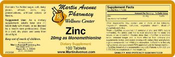 Martin Avenue Pharmacy Zinc 20 mg As Monomethionine - supplement