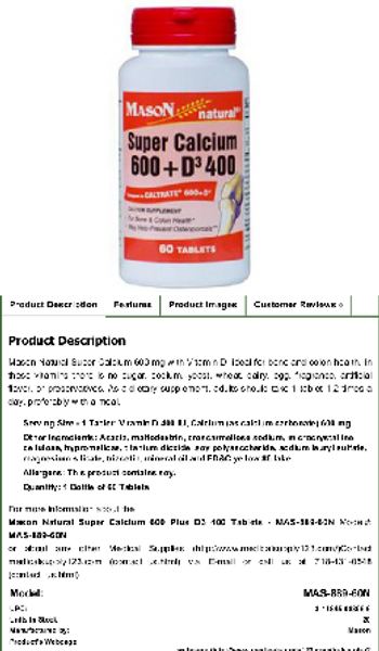 Mason Natural Super Calcium 600 + D3 400 - calcium supplement