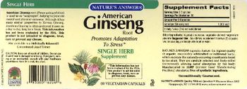 Nature's Answer American Ginseng Root - single herb supplement