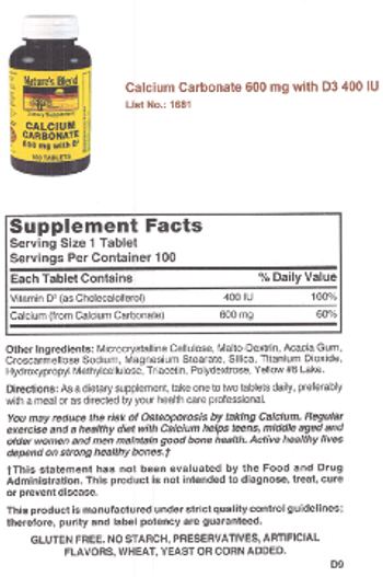 Nature's Blend Calcium Carbonate 600 mg With D3 - supplement